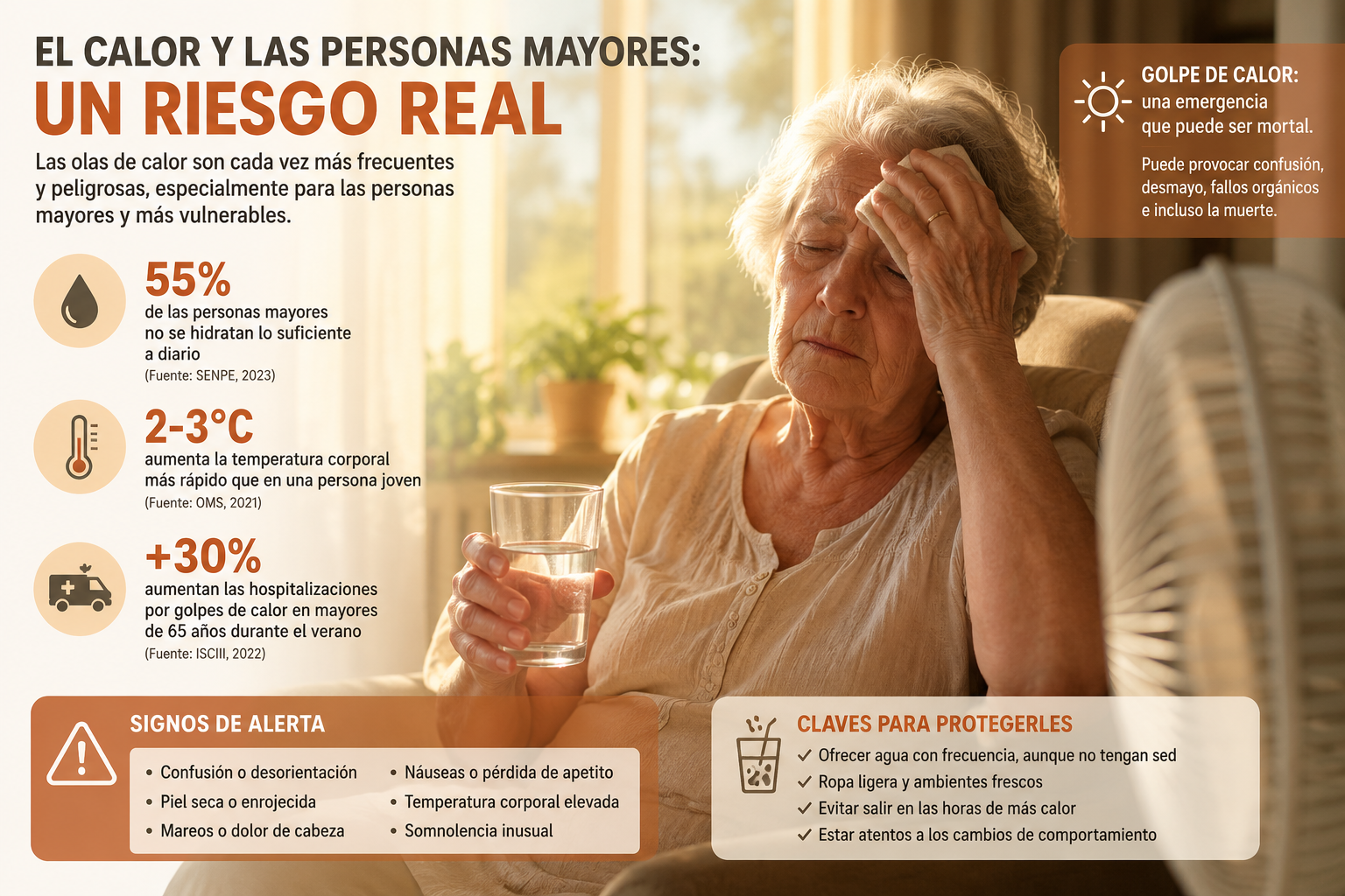 Infografía: el calor y las personas mayores con demencia — signos de alerta, datos y claves para protegerles