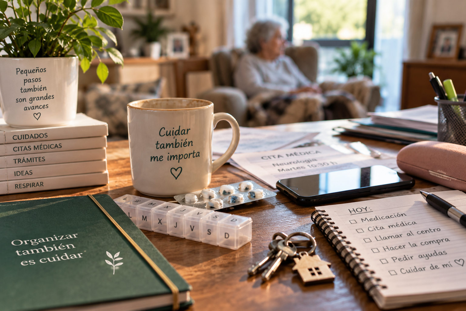 Mesa de cuidador con medicación, agenda, taza y lista de tareas, con persona mayor al fondo en un sillón
